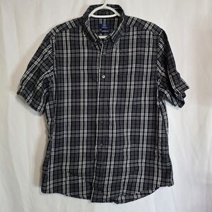 George Plaid Shirt Mens M Black White Short Sleeve Classic Fit Button Down Top